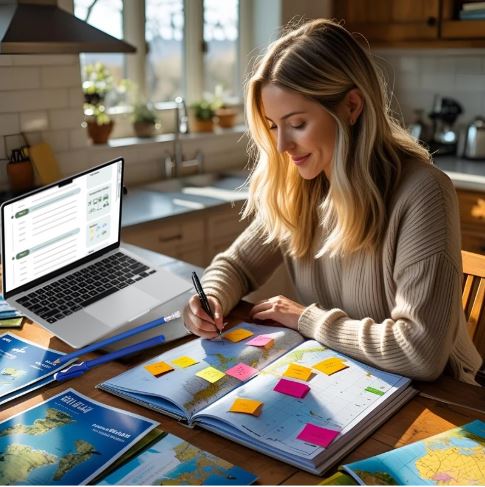 Woman studying with a laptop and books in a kitchen
