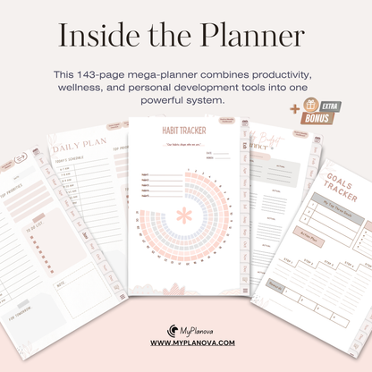 Pages from a planner with various tracking tools on a light pink background