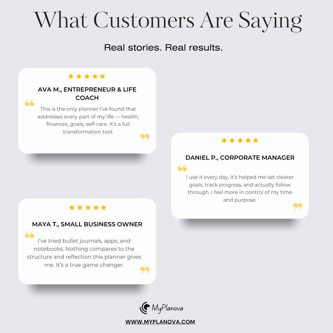 Reviews of a planner from customers including an entrepreneur, corporate manager, and small business owner on a light gray background.
