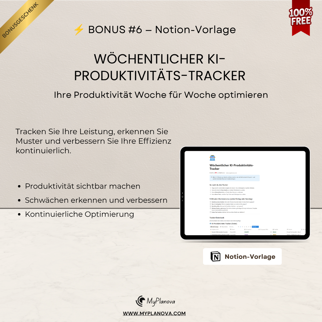 Promotional graphic for a weekly AI productivity tracker with tablet display, featuring German text and branding.