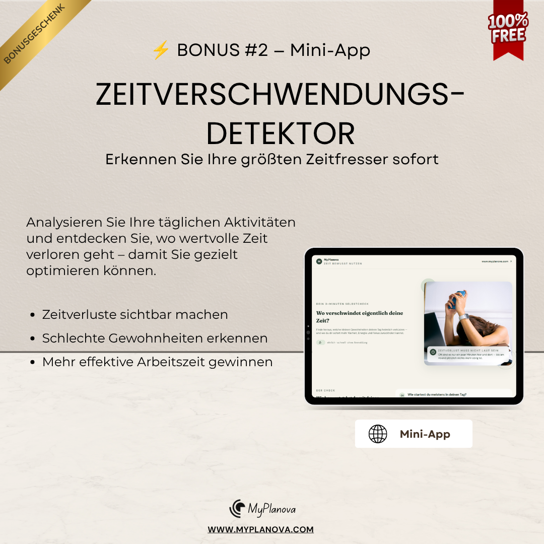 Advertisement for a time-wasting detector app with a tablet displaying an app interface on a beige background.