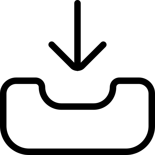 Black icon of a sink with an arrow pointing downwards on a white background